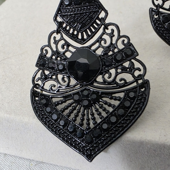 Statement Black Metal Filigree and Crystal Drop Earrings - Picture 6 of 10